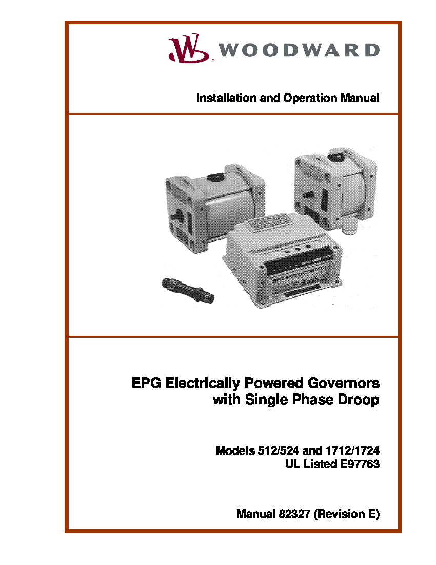 First Page Image of 8256-016 Woodward Models 1712-1724 and 512-524 Single Phase Droop EPG Manual 82327.pdf